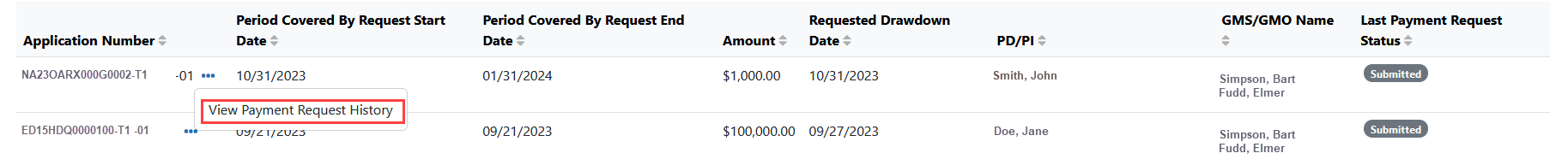 View Payment Request History is available in the action menu 